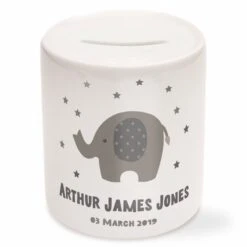 Personalised Elephant Money Box - Grey, Pink Or Blue