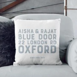 Personalised New Home Contemporary Cushion | Blue, Pink, Grey Or Black