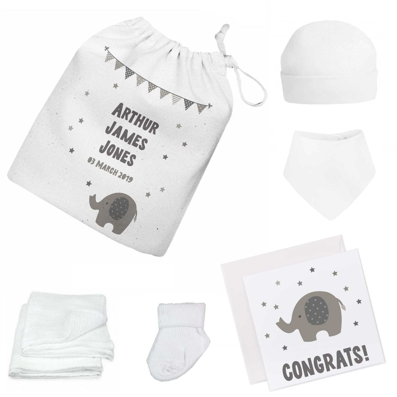 Personalised Newborn Baby Gift Set - Grey Elephant