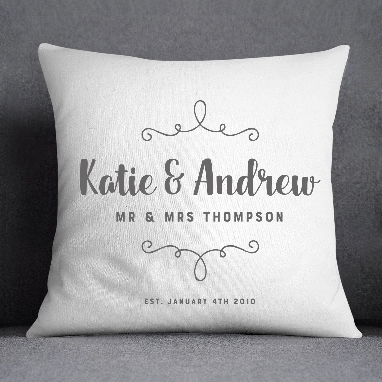 Personalised Wedding Couple Decorative Cushion | Grey, Blue, Pink Or Black