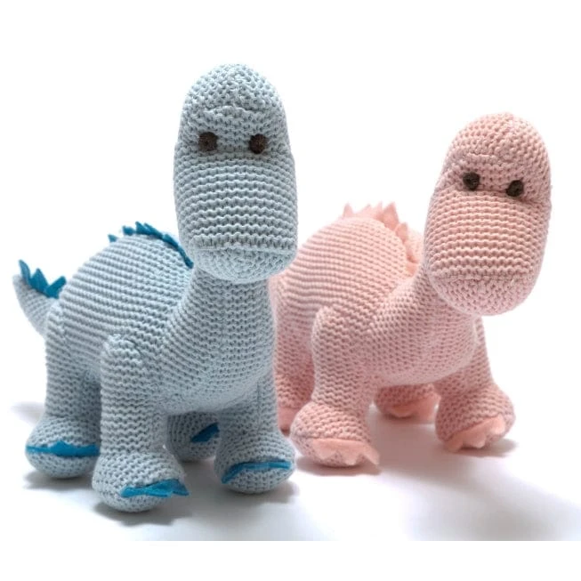 Organic Knitted Diplodocus Dinosaur Rattle - Pink Or Blue
